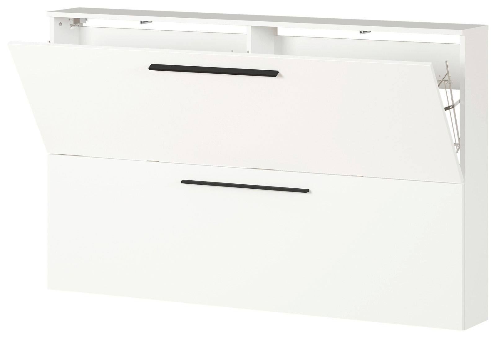 Weißer Schuhschrank mit zwei Klappen und schwarzen Griffen, seitliche Perspektive