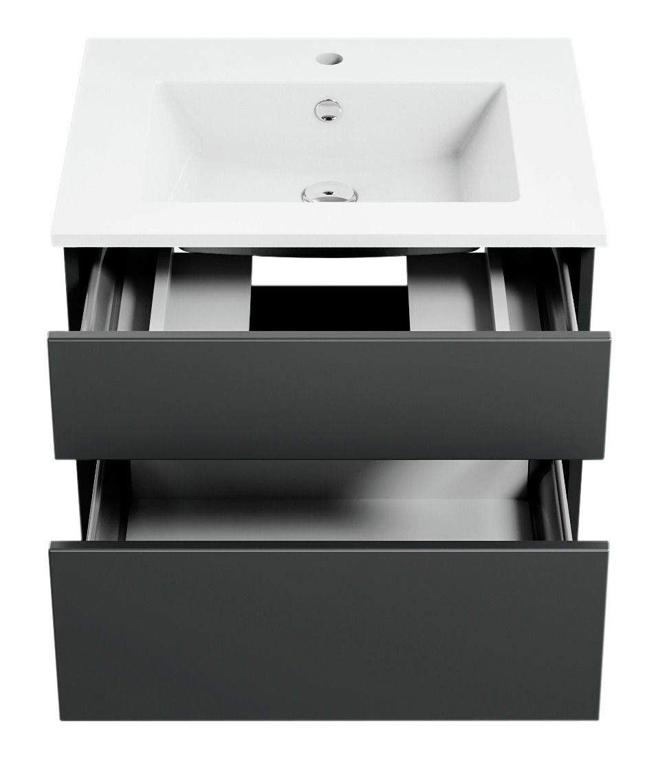 Moderne Badkombination mit weißem Waschbecken und zwei offenen Schubladen, Ansicht von vorne