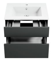 Moderne Badkombination mit weißem Waschbecken und zwei offenen Schubladen, Ansicht von vorne