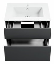 Moderne Badkombination mit weißem Waschbecken und zwei offenen Schubladen, Ansicht von vorne