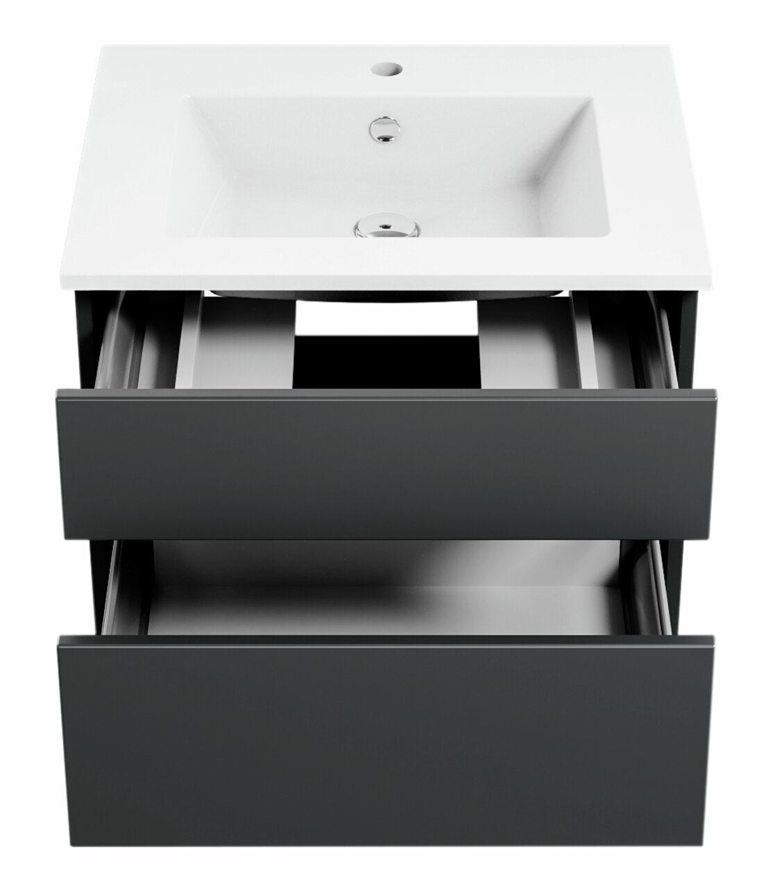 Moderne Badkombination mit weißem Waschbecken und zwei offenen Schubladen, Ansicht von vorne