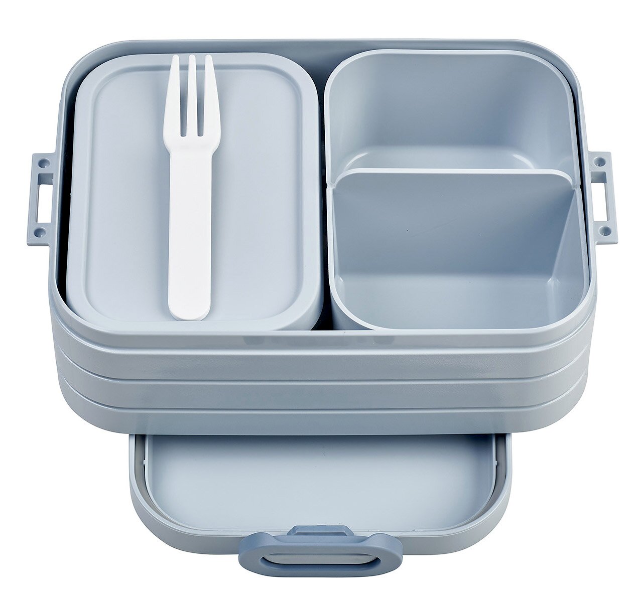 Graue Bento-Lunchbox mit mehreren Fächern und einem weißen Besteck, aus der Vogelperspektive.