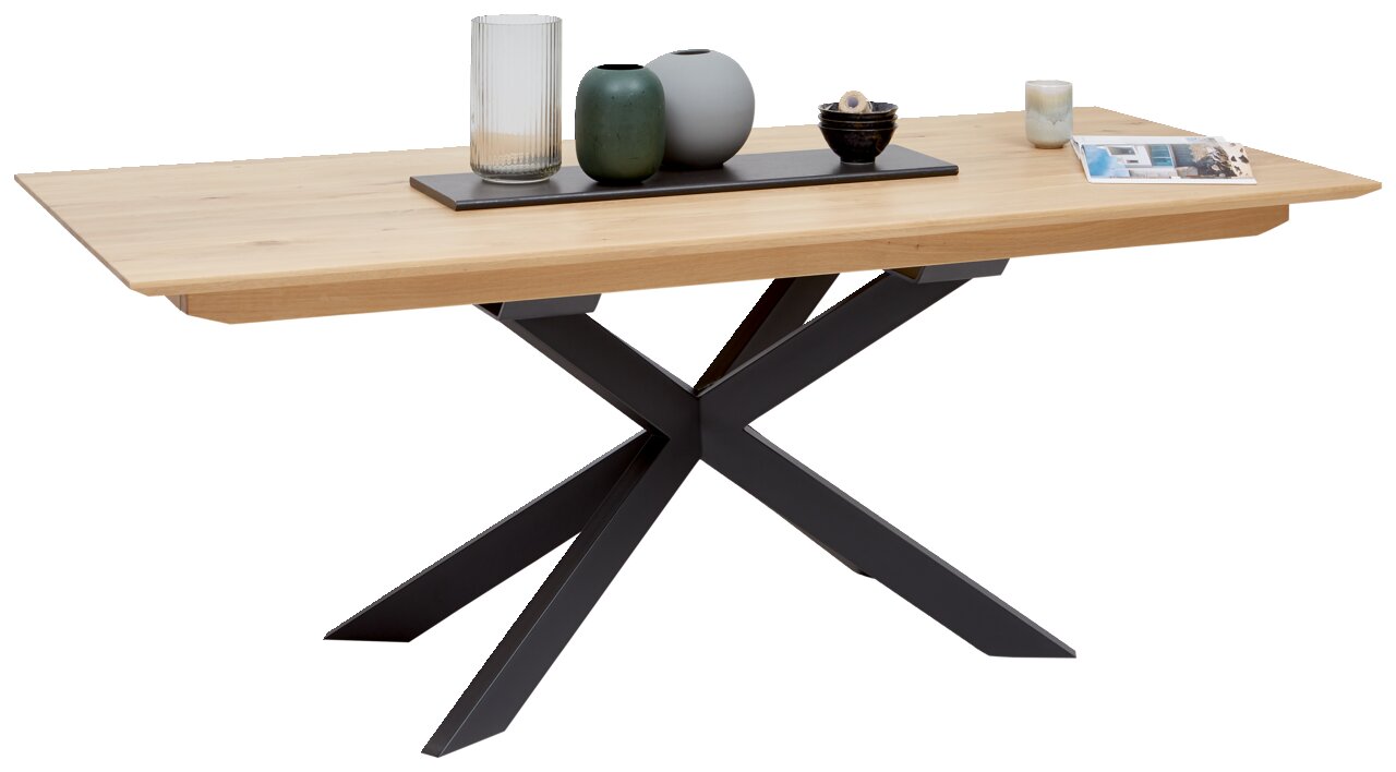 Moderne eettafel met houten blad en zwart metalen onderstel, zijaanzicht