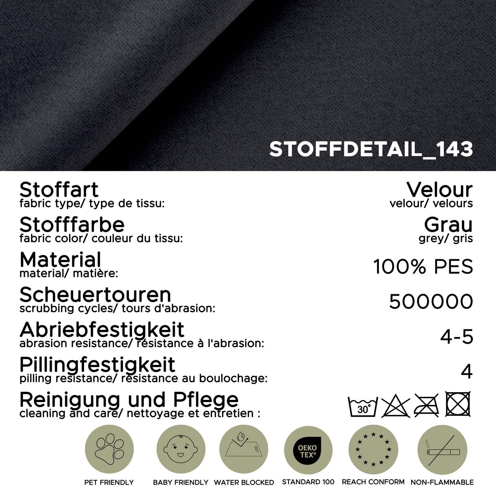 Detailaufnahme aus der Nahansicht eines grauen Veloursstoffs (100% PES) mit eingeblendeten Material- und Pflegeangaben, inklusive hoher Scheuertouren und OEKO-TEX Standard 100.