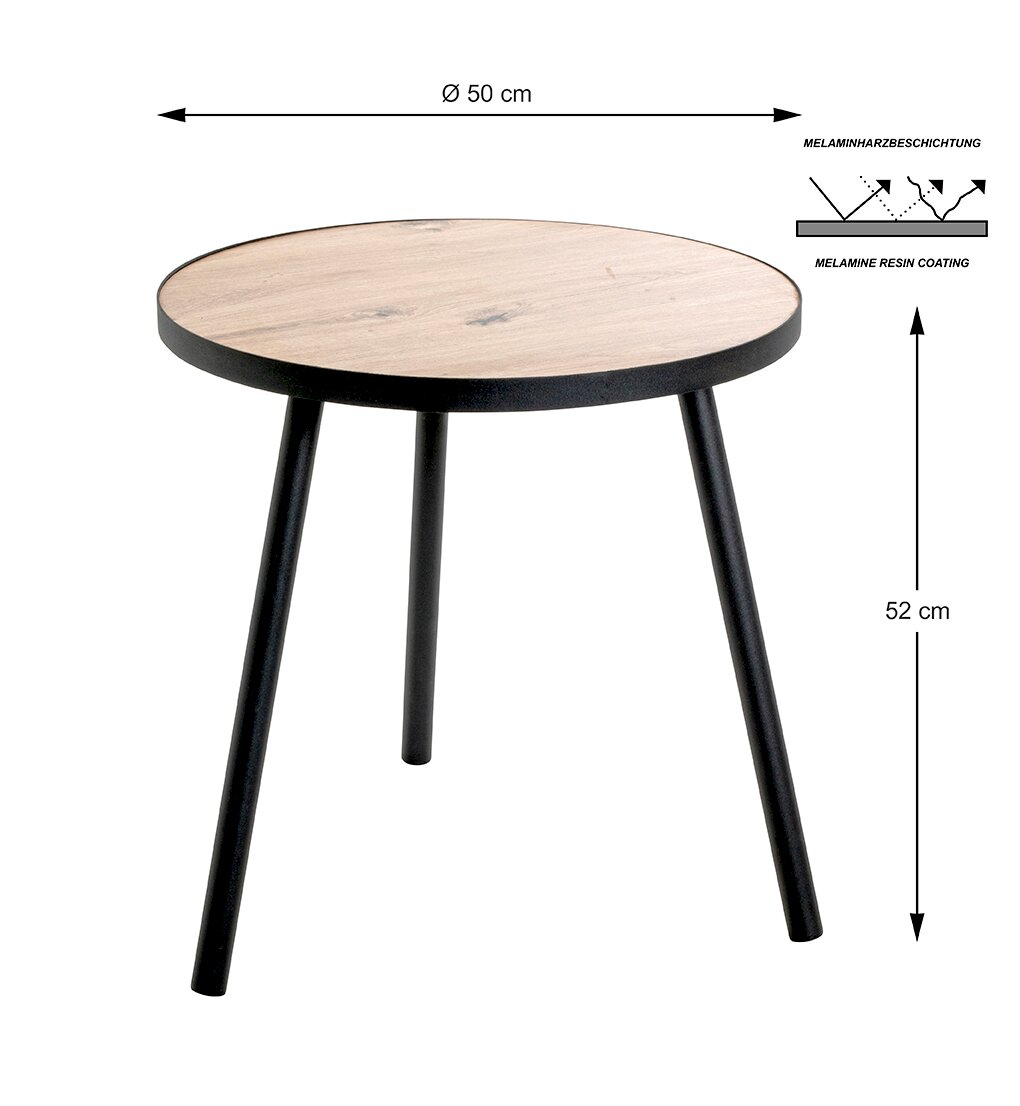 Runder Beistelltisch mit hellbrauner Holzoptik-Tischplatte (Melaminharzbeschichtung), schwarzen schrägen Beinen, Ø 50 cm und 52 cm Höhe, freigestellt auf weißem Hintergrund in leicht schräger Frontansicht von oben