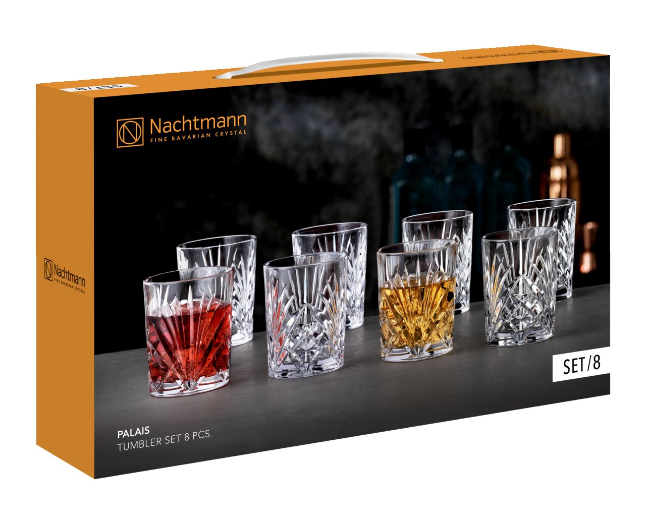 Nachtmann Palais-set met tumblerglazen (8 stuks) in de verpakking, schuin van linksvoor gefotografeerd, met afgebeelde kristallen whiskyglazen met geslepen patroon