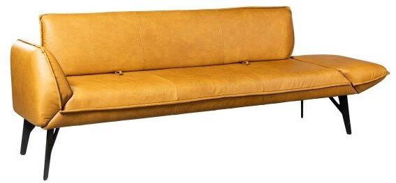 Gelbes Ledersofa mit modernem Design und schwarzen Metallbeinen, seitliche Perspektive