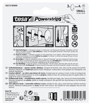 Rückseite der Verpackung von tesa Powerstrips Haken Small, zeigt Anweisungen zur Befestigung und Entfernung, geeignet für glatte Oberflächen, maximale Tragkraft 1 kg.