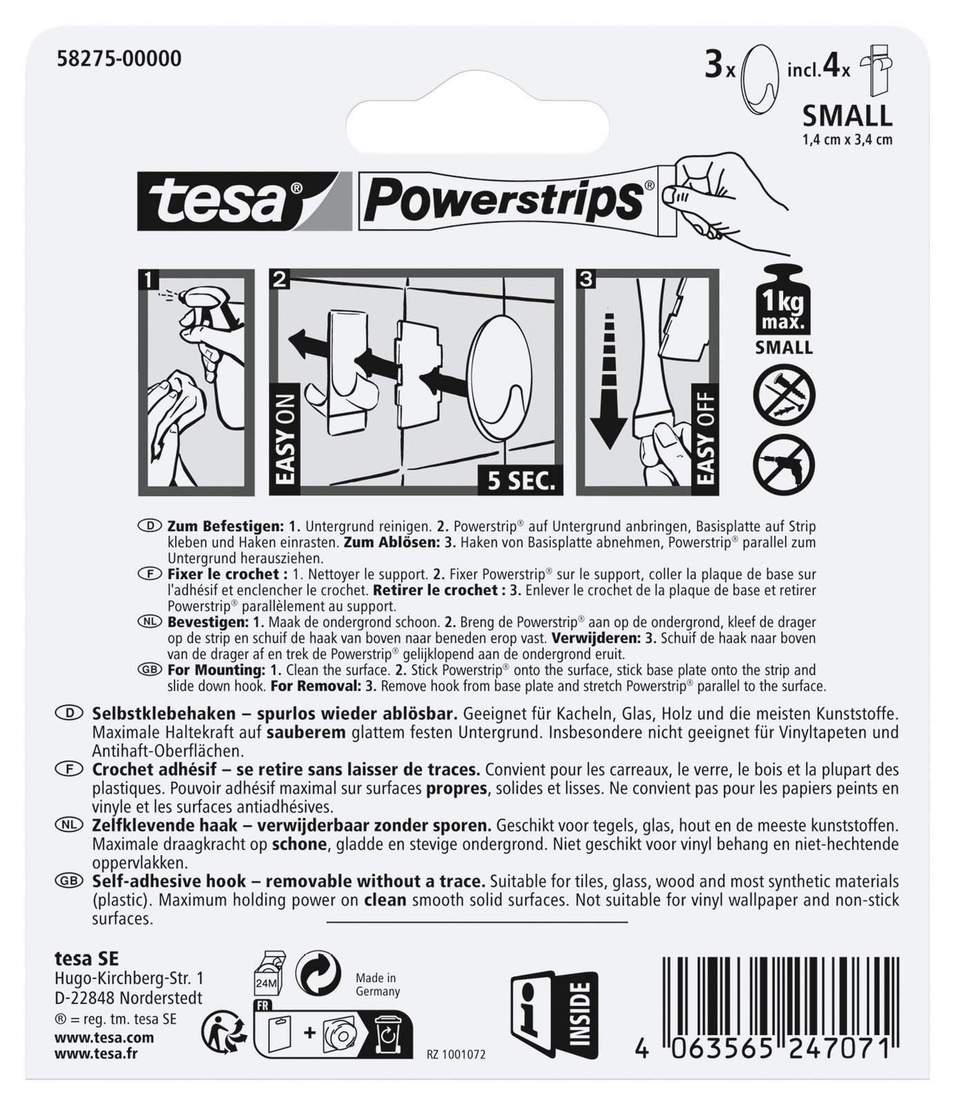Rückseite der Verpackung von tesa Powerstrips Haken Small, zeigt Anweisungen zur Befestigung und Entfernung, geeignet für glatte Oberflächen, maximale Tragkraft 1 kg.