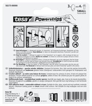 Achterkant van de verpakking van tesa Powerstrips Haken Small, met instructies voor het bevestigen en verwijderen, geschikt voor gladde oppervlakken, maximaal draagvermogen 1 kg.