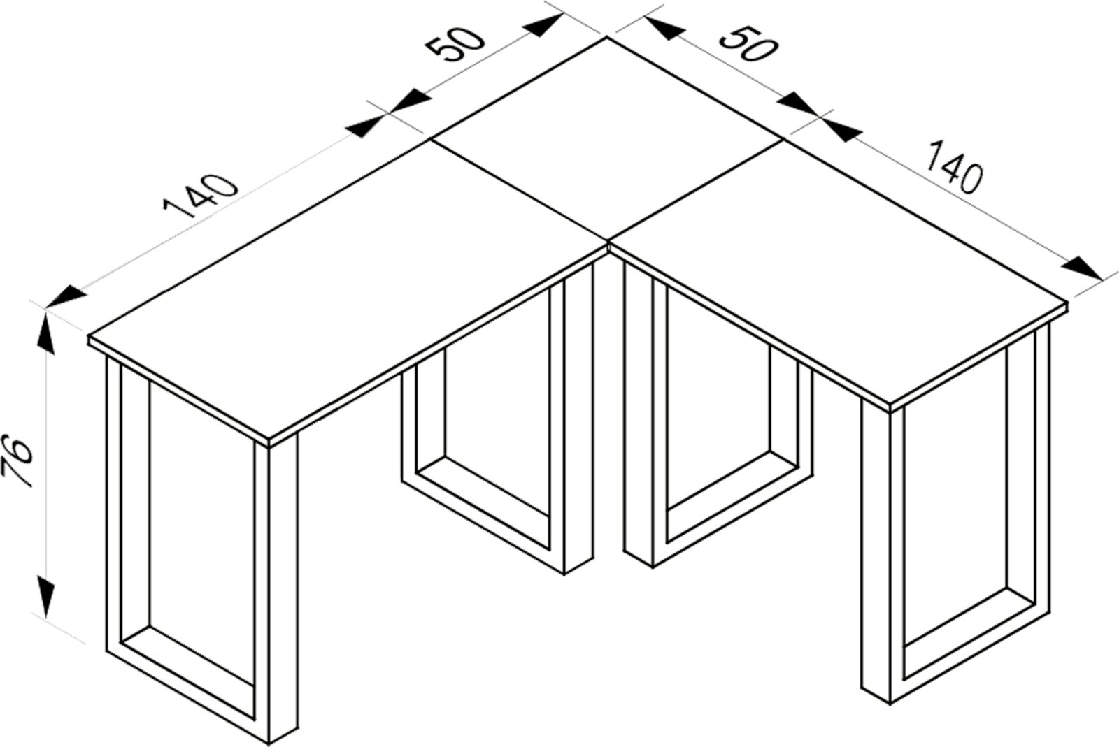 Isometrische technische Zeichnung eines L-förmigen Eckschreibtischs mit Maßangaben (je 140 cm Schenkellänge, 50 cm Tiefe, 76 cm Höhe) und rechteckigem Tischgestell.