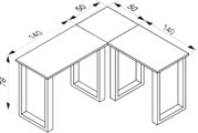 Isometrische technische Zeichnung eines L-förmigen Eckschreibtischs mit Maßangaben (je 140 cm Schenkellänge, 50 cm Tiefe, 76 cm Höhe) und rechteckigem Tischgestell.