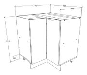 Technische Strichzeichnung eines Eck-Unterschranks für die Küche mit zwei Fronten und Stellfüßen, inklusive Maßangaben (Höhe ca. 816 mm, Breite je Seite ca. 756 mm, Tiefe ca. 460 mm), dargestellt in schräger Vorderansicht von oben.