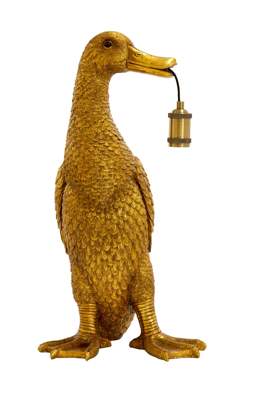Goldene Tischleuchte in Form einer Ente, die eine Glühbirnenfassung im Schnabel hält, seitliche Perspektive.