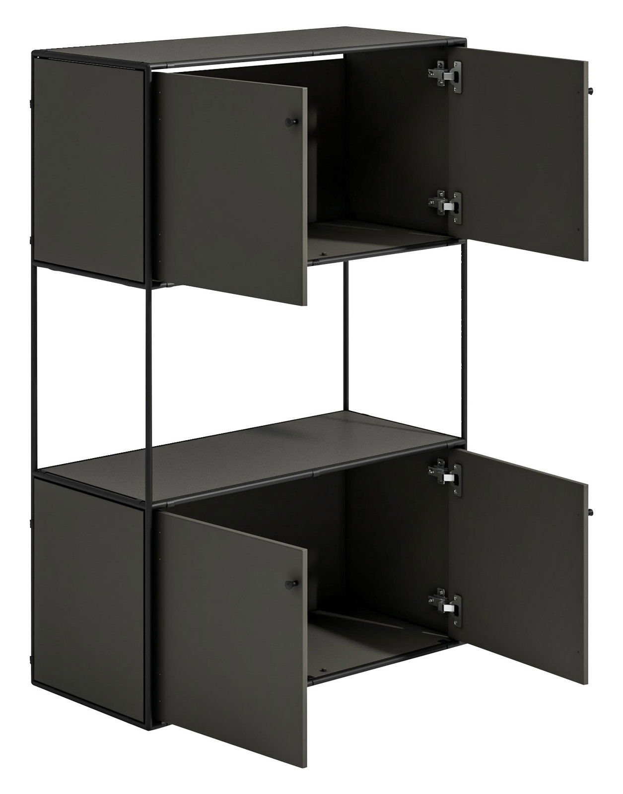 Schwarzes Highboard mit vier offenen Türen, seitliche Perspektive
