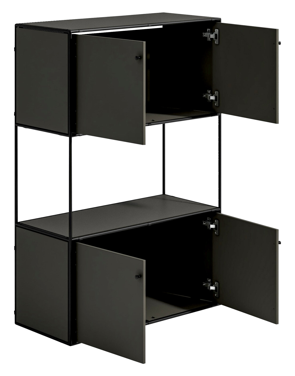 Schwarzes Highboard mit vier offenen Türen, seitliche Perspektive