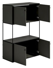 Schwarzes Highboard mit vier offenen Türen, seitliche Perspektive