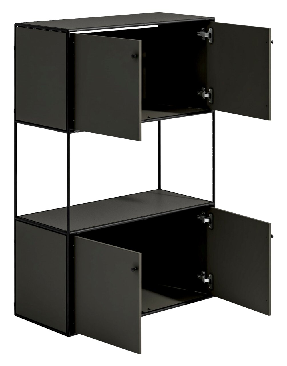 Schwarzes Highboard mit vier offenen Türen, seitliche Perspektive