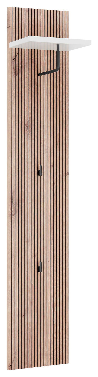 Garderobenpaneel aus Holz mit vertikalen Streifen, seitliche Perspektive, mit weißem Regalbrett und schwarzen Haken.