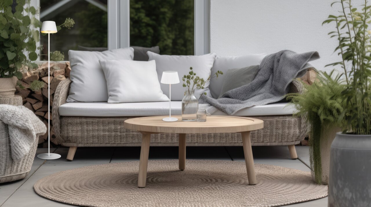 Reality Leuchten Akku-Stehleuchte SUAREZ Moderne Akku-Stehleuchte SUAREZ in einem gemütlichen Wohnzimmer mit Rattanmöbeln und Pflanzen, seitliche Perspektive.