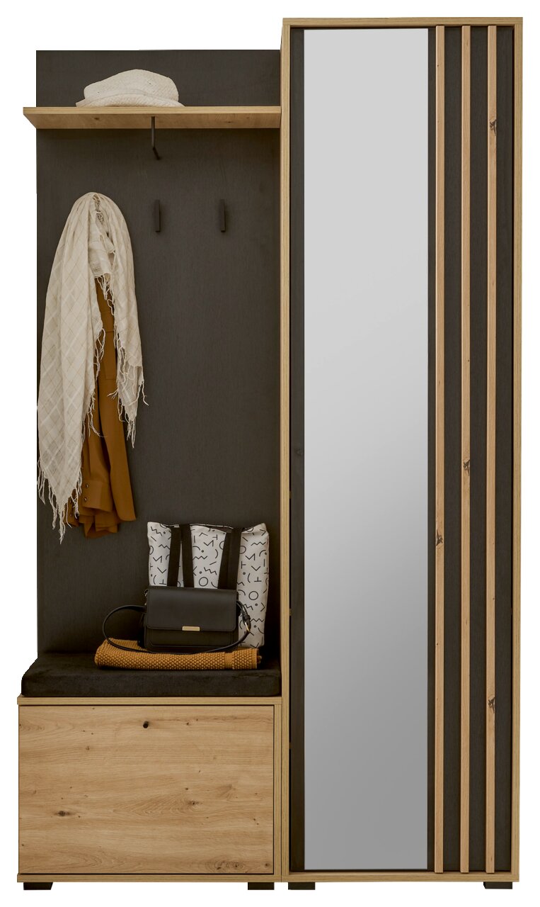 Kompakt-Garderobe mit Spiegel, Sitzbank und Haken, frontal betrachtet