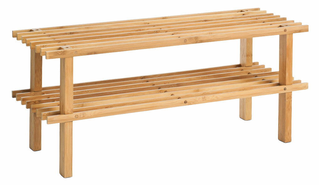 Schuhregal aus Holz mit zwei Ablagen, seitliche Perspektive