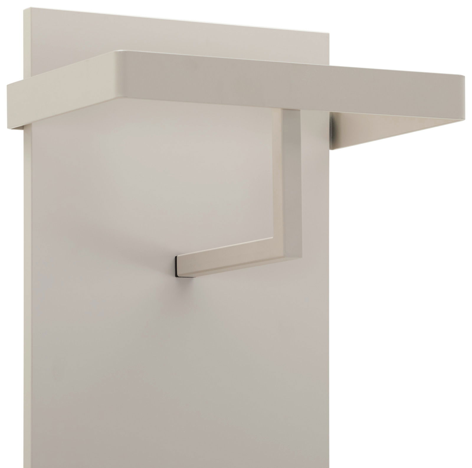 Garderobenpaneel in seitlicher Perspektive mit modernem, minimalistischem Design und einem Haken.