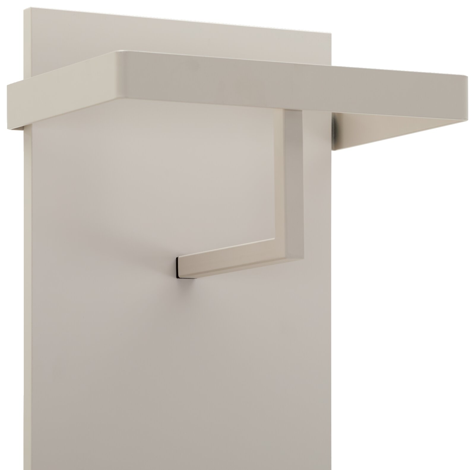 Kastpaneel in zijaanzicht met een modern, minimalistisch ontwerp en een haak.