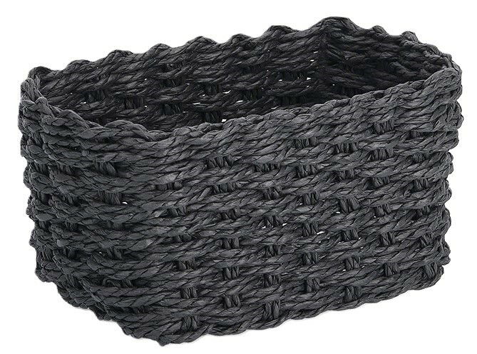 Schwarzer Aufbewahrungskorb aus geflochtenem Material, seitliche Perspektive