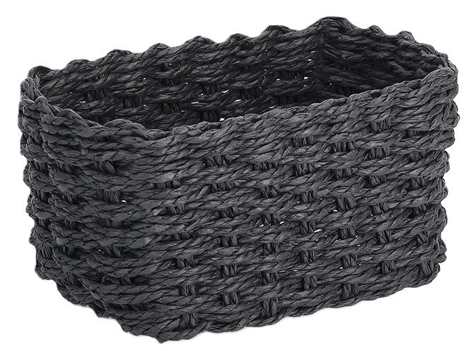 Schwarzer Aufbewahrungskorb aus geflochtenem Material, seitliche Perspektive