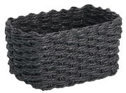 Schwarzer Aufbewahrungskorb aus geflochtenem Material, seitliche Perspektive