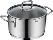 Edelstahlkochtopf mit Glasdeckel und zwei Griffen, seitliche Perspektive