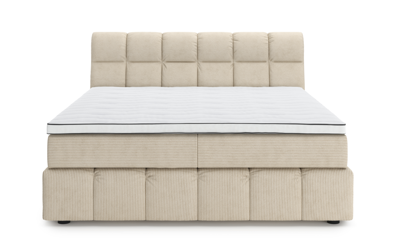 Frontale Ansicht eines beigen Boxspringbetts mit gestepptem Kopfteil und weißer Matratze.