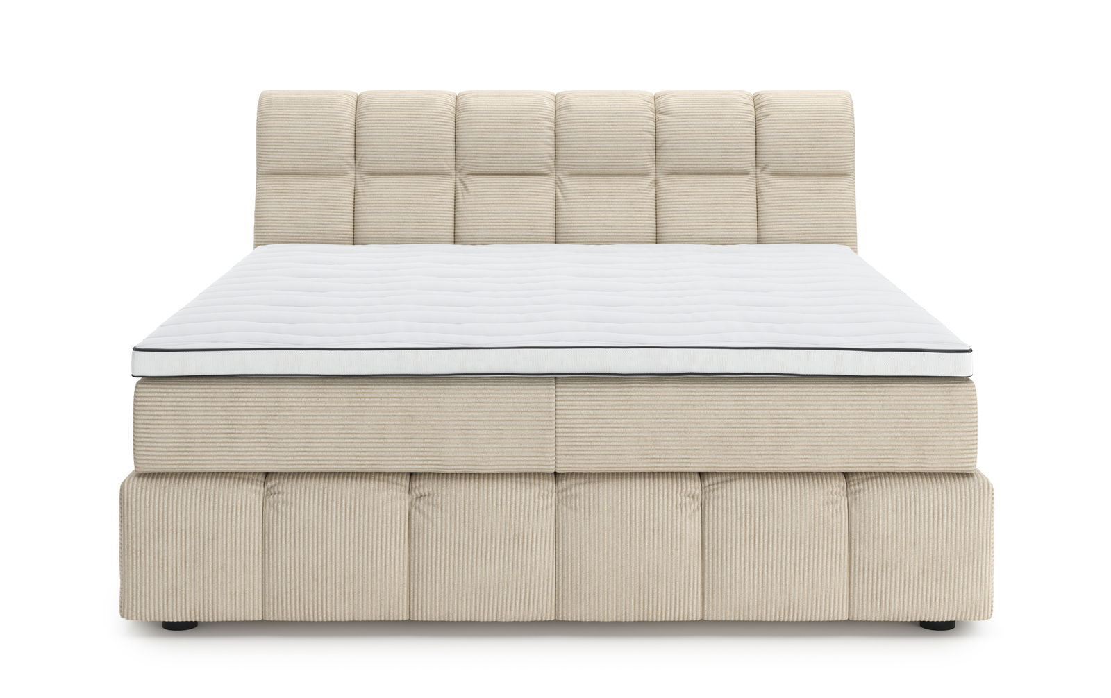 Frontale Ansicht eines beigen Boxspringbetts mit gestepptem Kopfteil und weißer Matratze.