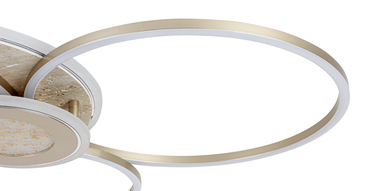 Moderne led-plafondlamp met gouden en witte ringen, zijaanzicht