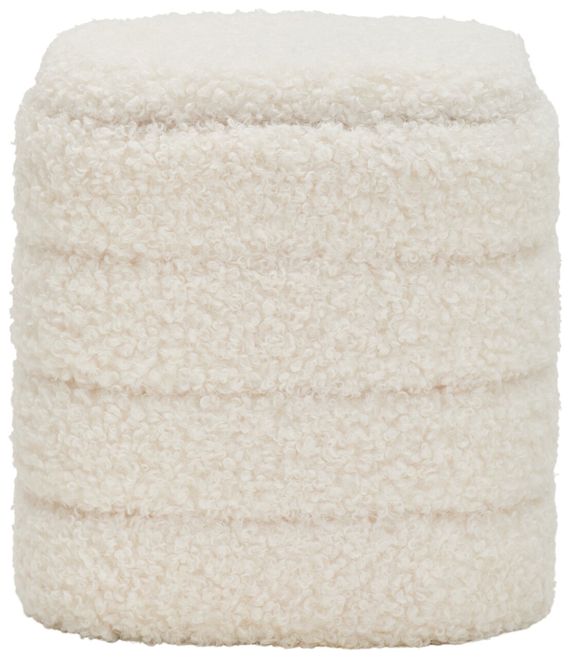 Weißer Hocker mit Stauraum, aus flauschigem Material, frontal fotografiert.