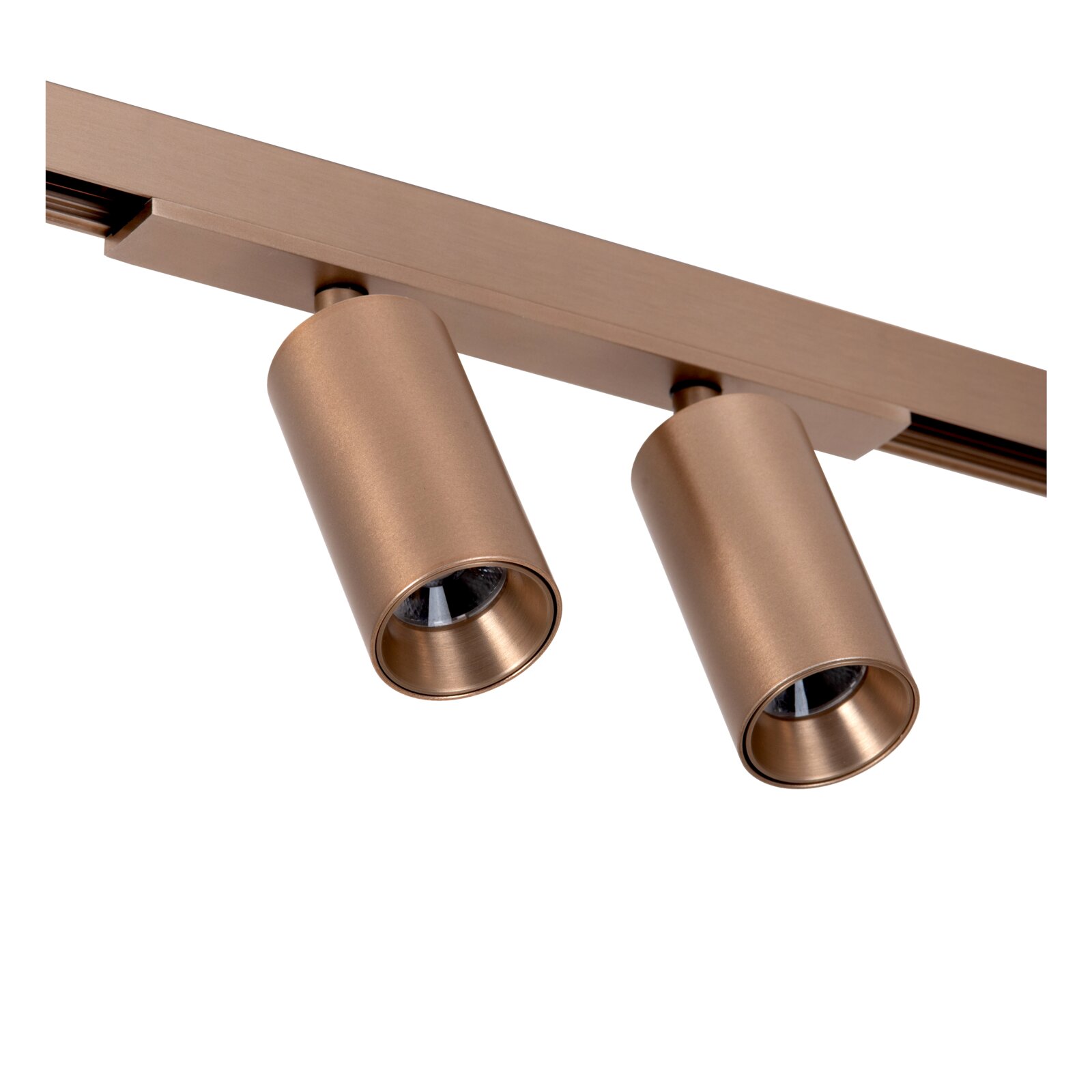 Lucide LED-Schienenstrahler LINIAL Zweiflammiger zylindrischer LED-Schienenstrahler in Bronze/Champagnergold an Stromschiene, Nahaufnahme aus schräger Untersicht (3/4-Perspektive) vor weißem Hintergrund
