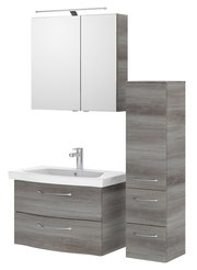 Moderner Badblock in Holzoptik mit Waschbecken, Spiegelschrank und Hochschrank, Frontalansicht