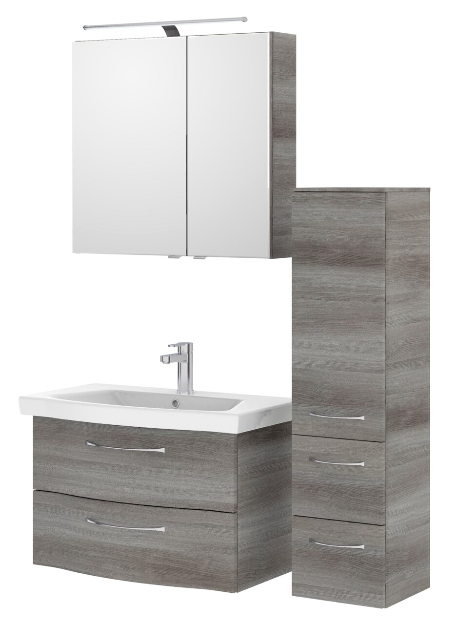 Moderner Badblock in Holzoptik mit Waschbecken, Spiegelschrank und Hochschrank, Frontalansicht