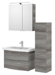 Modern badkamerblok in houtlook met wastafel, spiegelkast en hoge kast, vooraanzicht