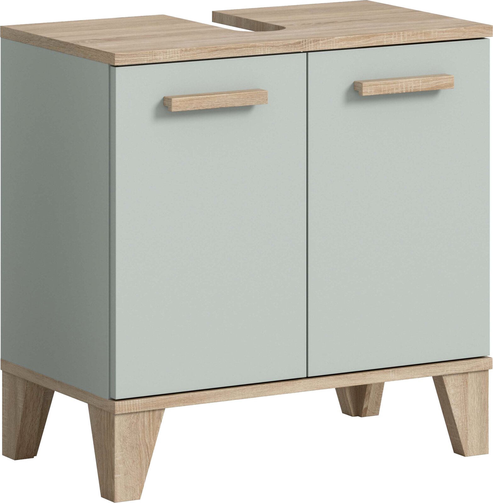 MID.YOU Waschbeckenunterschrank STAR Modernes Bad-Waschbeckenunterschrank mit zwei Türen, mintgrünen Fronten und Holzoptik-Griffen sowie Holzfüßen, schräg von vorne/leicht von oben fotografiert