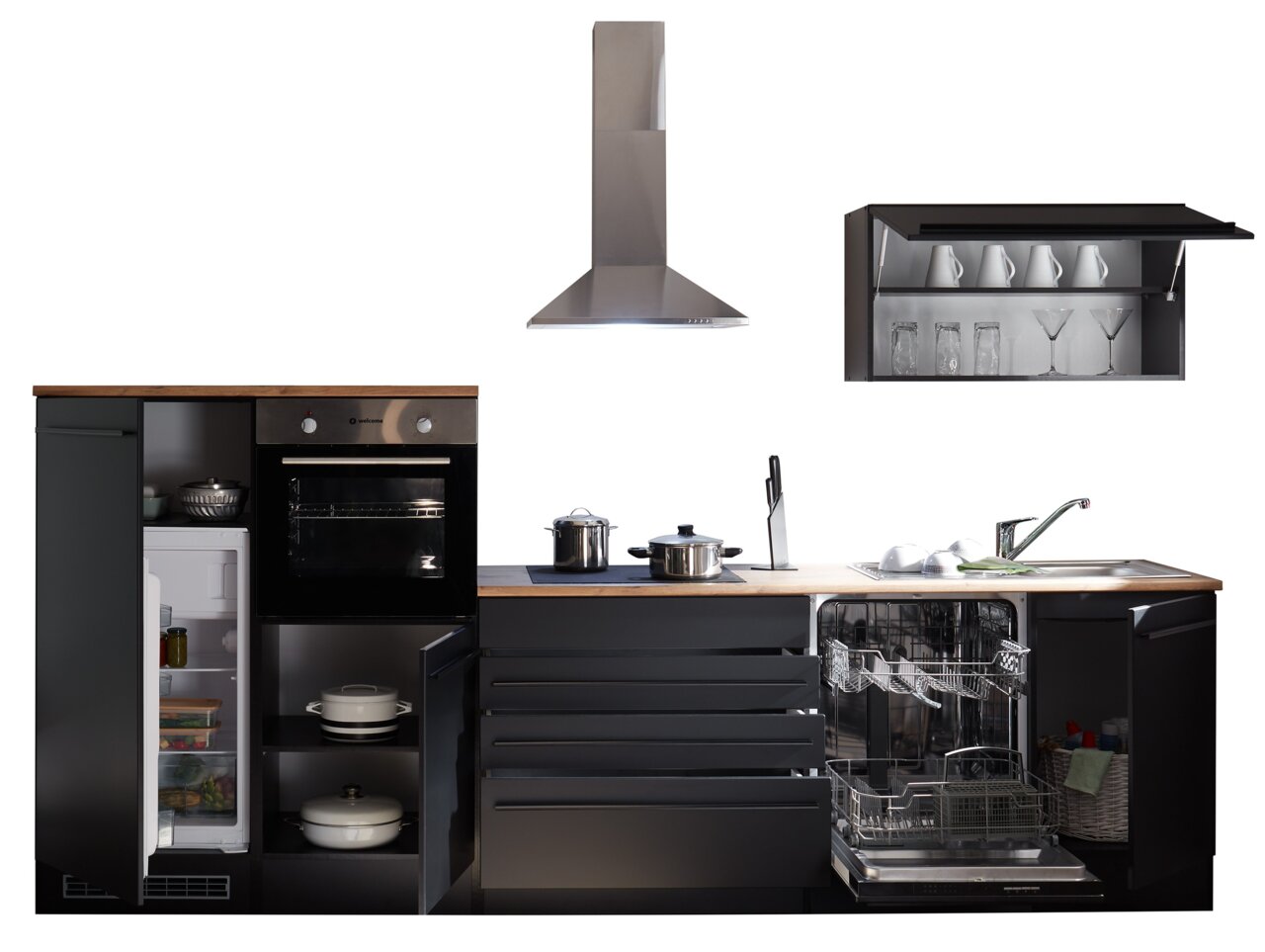 Moderne Küchenzeile in Frontansicht mit offenem Kühlschrank, Backofen, Geschirrspüler und Hängeschrank. Ohne Elektrogeräte.