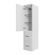 Weißer Midischrank mit zwei Schubladen und einer offenen Tür, die zwei Glasregale zeigt, seitliche Perspektive