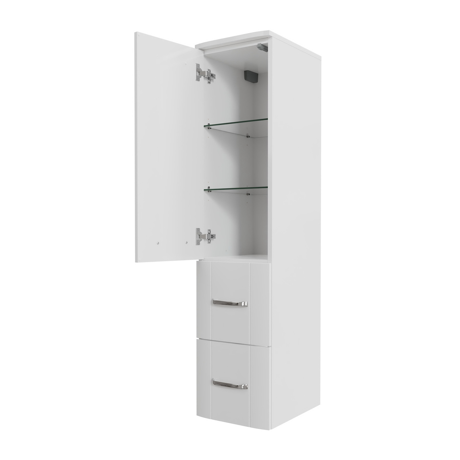 Weißer Midischrank mit zwei Schubladen und einer offenen Tür, die zwei Glasregale zeigt, seitliche Perspektive