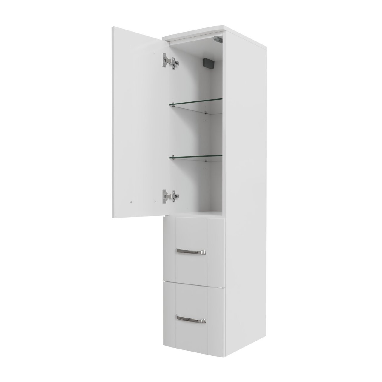 Witte halve kast met twee lades en een open deur die uitzicht biedt op twee glazen planken, zijaanzicht
