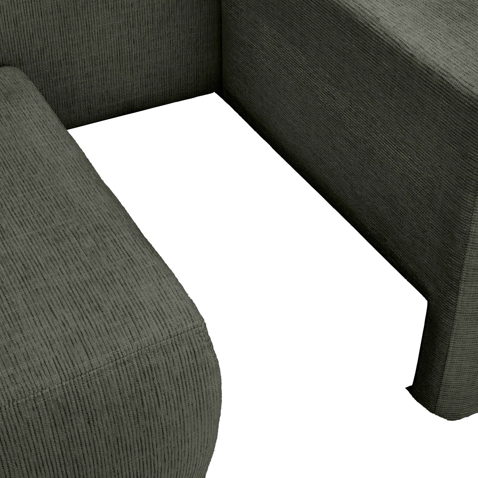 Nahaufnahme einer Recamiere in dunklem Stoff, Perspektive von oben