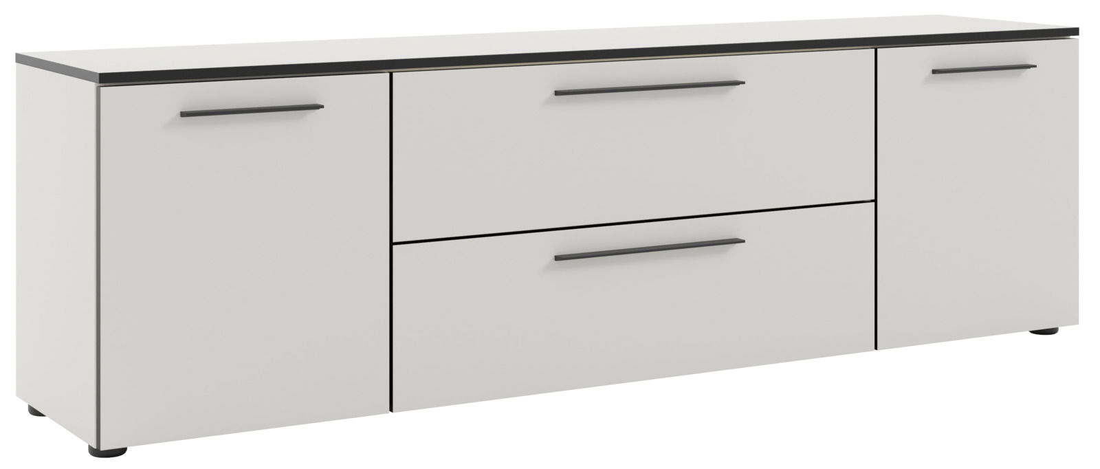 Weißes TV-Lowboard mit schwarzen Griffen, seitliche Perspektive