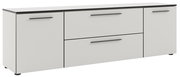 Weißes TV-Lowboard mit schwarzen Griffen, seitliche Perspektive