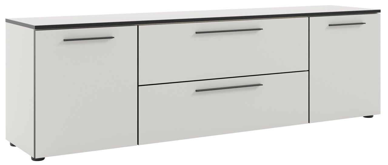 Weißes TV-Lowboard mit schwarzen Griffen, seitliche Perspektive