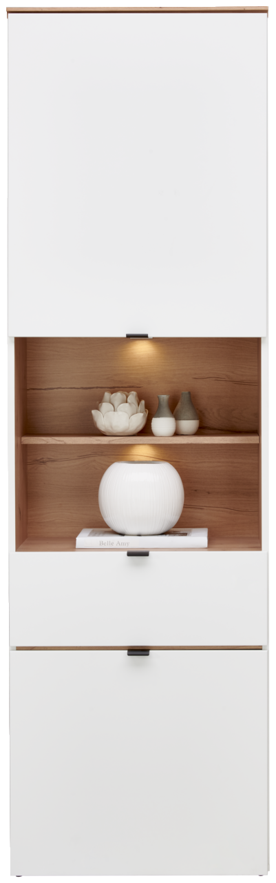 Weiße Vitrine mit Holzregal, dekoriert mit Vasen und einer Skulptur, frontal betrachtet.